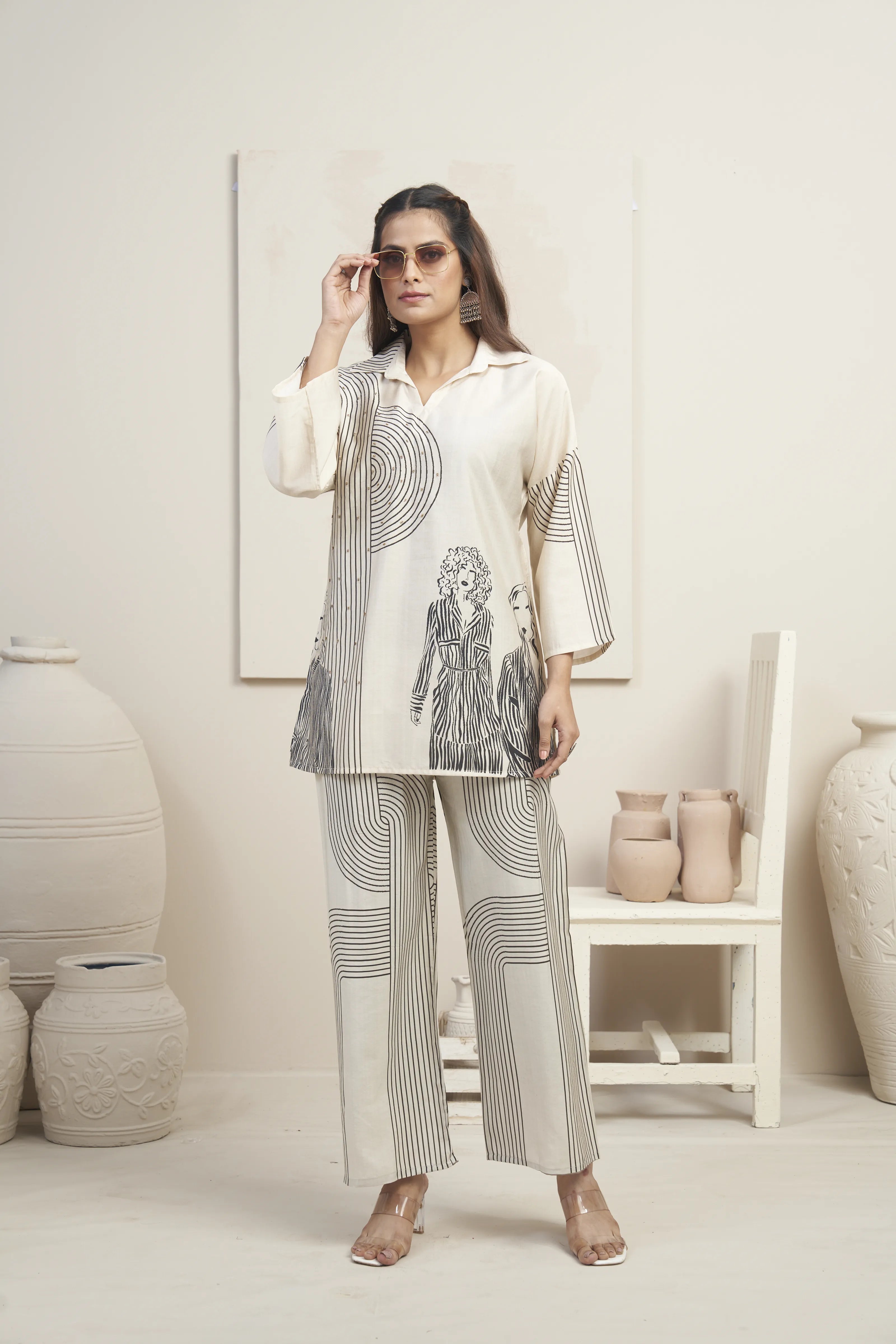Beige Abstract Lady Motif Printed Co-ord Set in Viscose Muslin