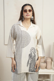 Beige Abstract Lady Motif Printed Co-ord Set in Viscose Muslin