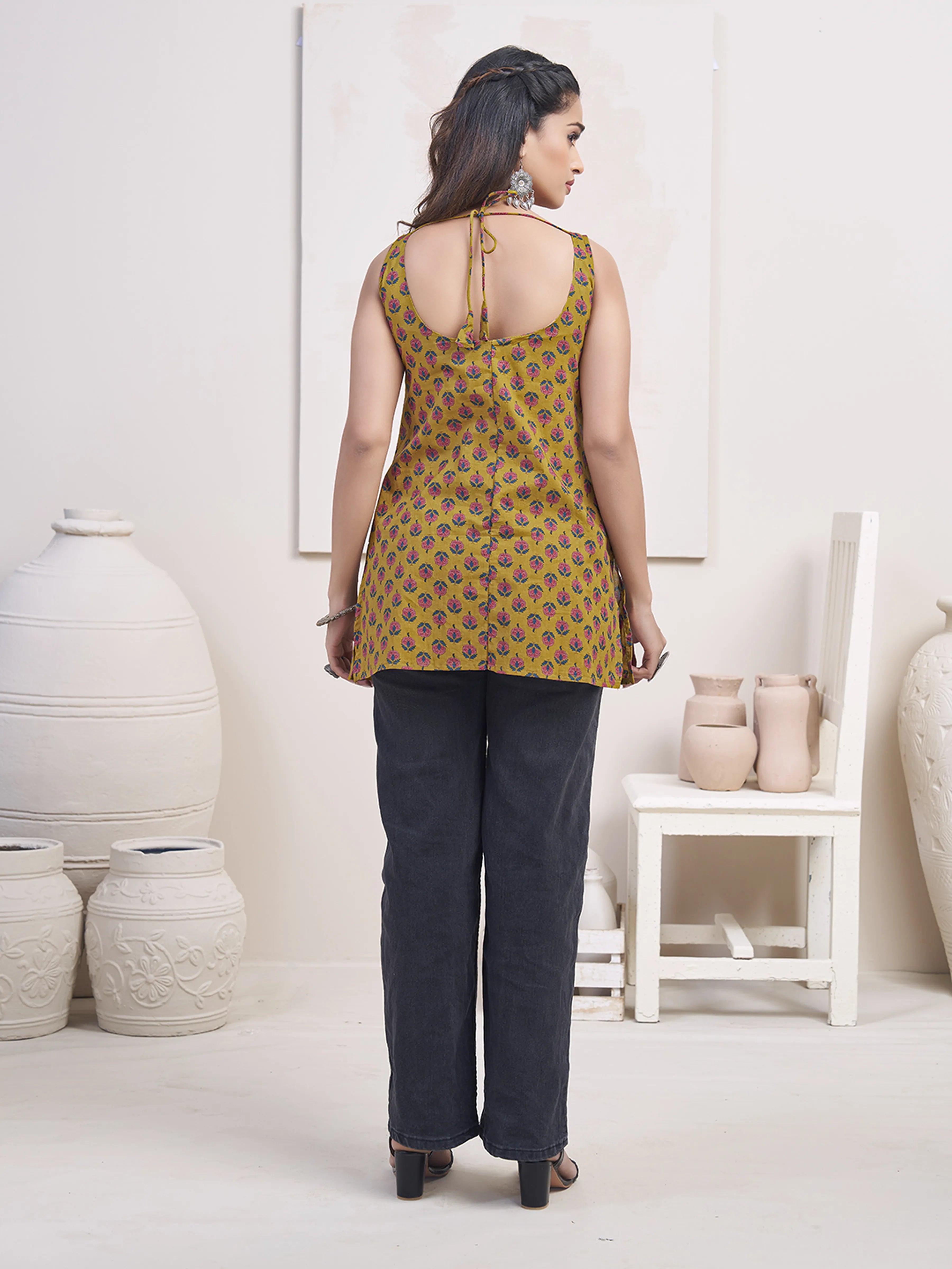 Mustard Base Red Floral Block Printed Cotton Short Kurti