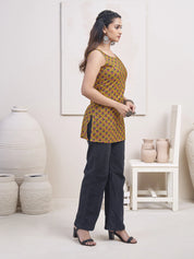 Mustard Base Red Floral Block Printed Cotton Short Kurti