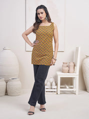 Mustard Base Red Floral Block Printed Cotton Short Kurti
