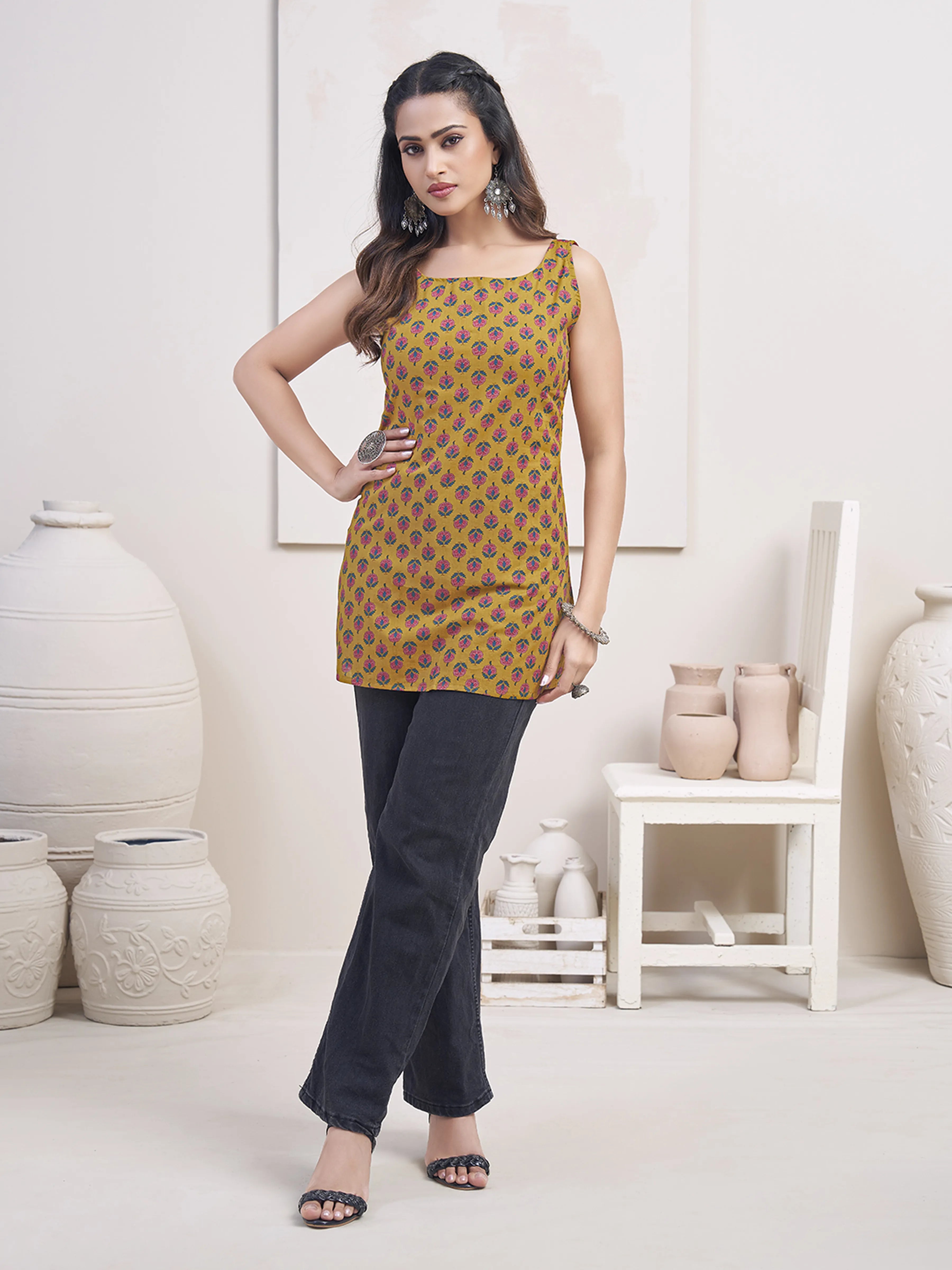 Mustard Base Red Floral Block Printed Cotton Short Kurti