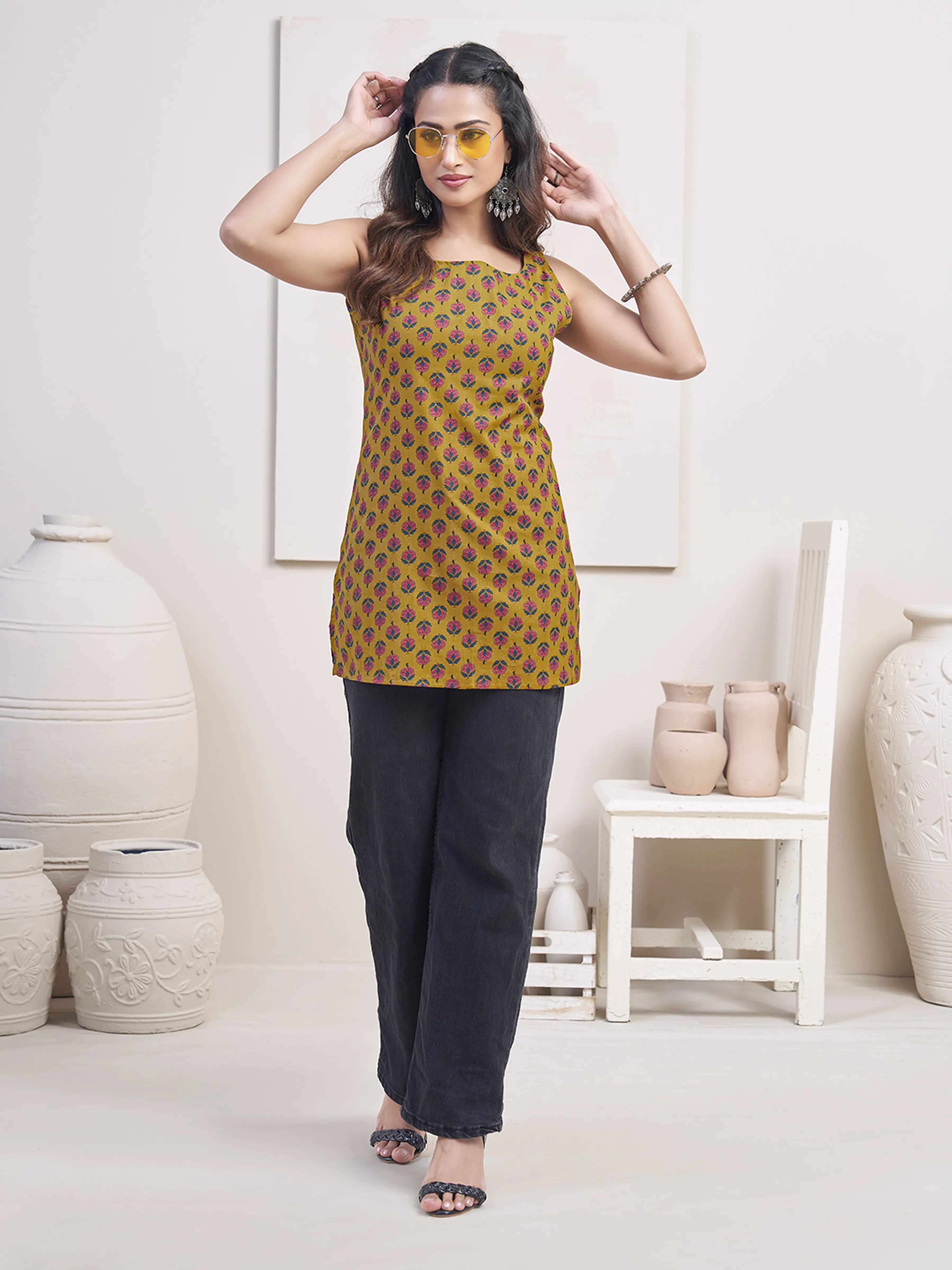 Mustard Base Red Floral Block Printed Cotton Short Kurti