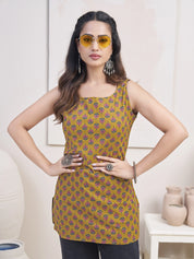 Mustard Base Red Floral Block Printed Cotton Short Kurti