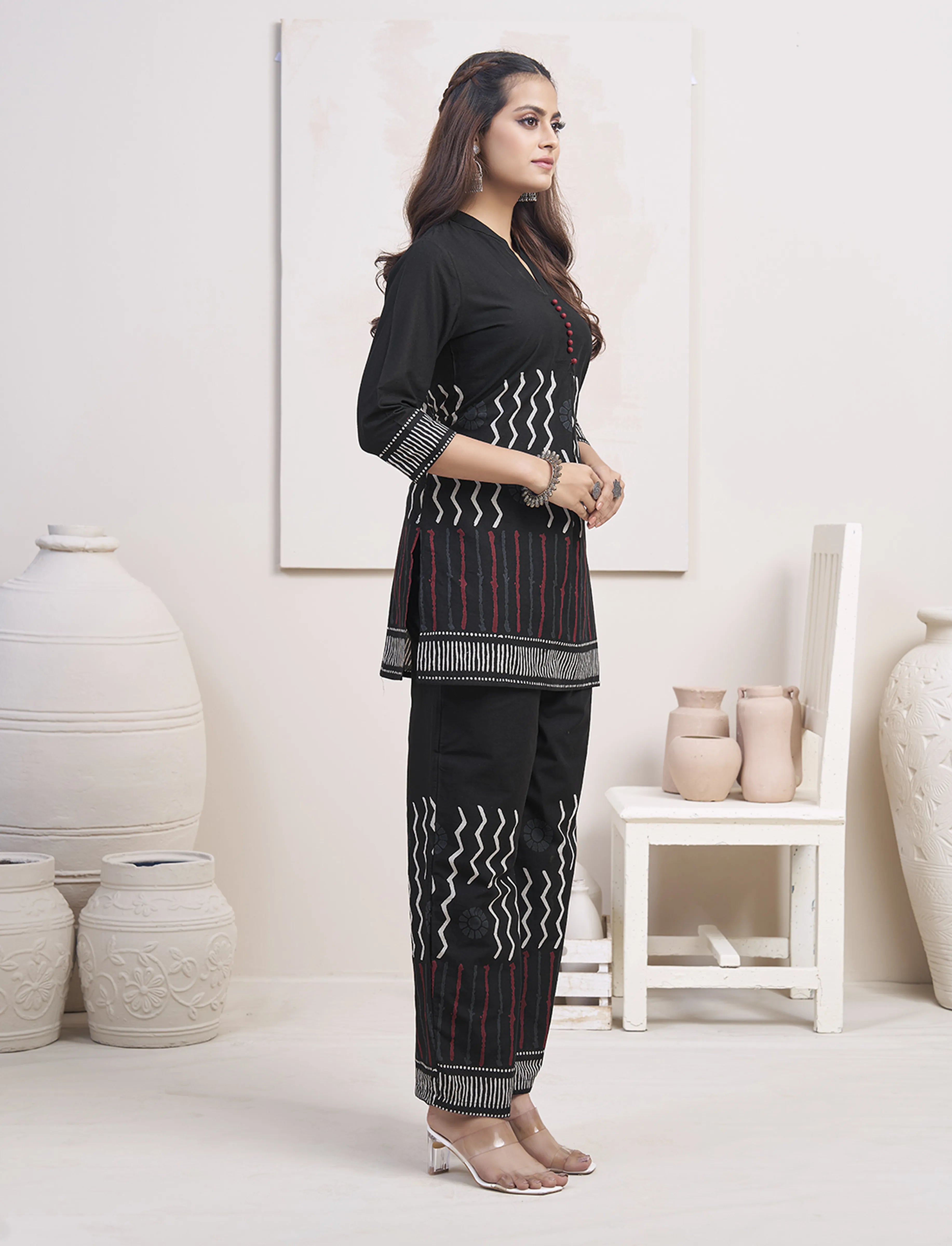 Black Zigzag & Line Printed Co-ord Set in Cotton