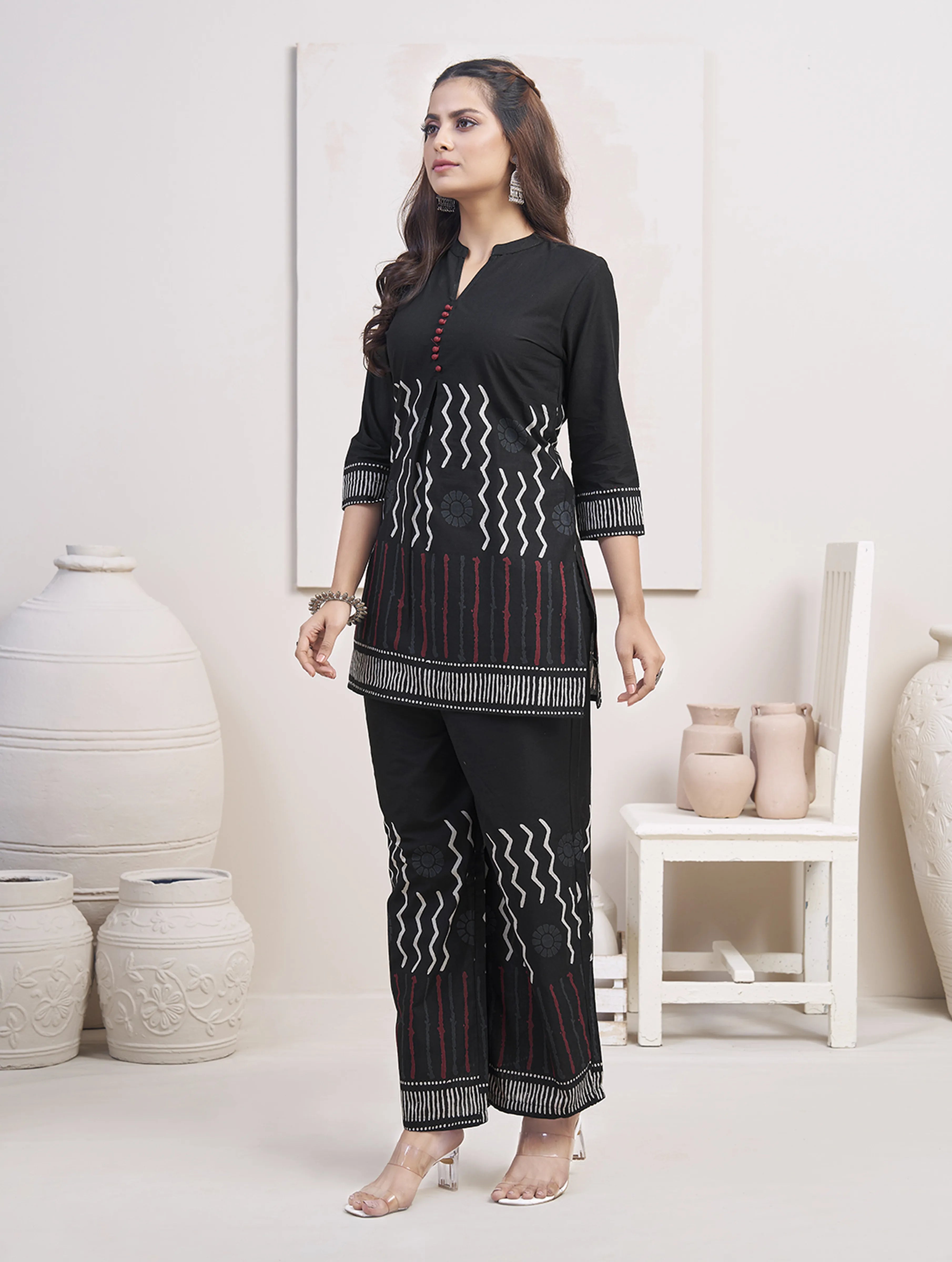 Black Zigzag & Line Printed Co-ord Set in Cotton