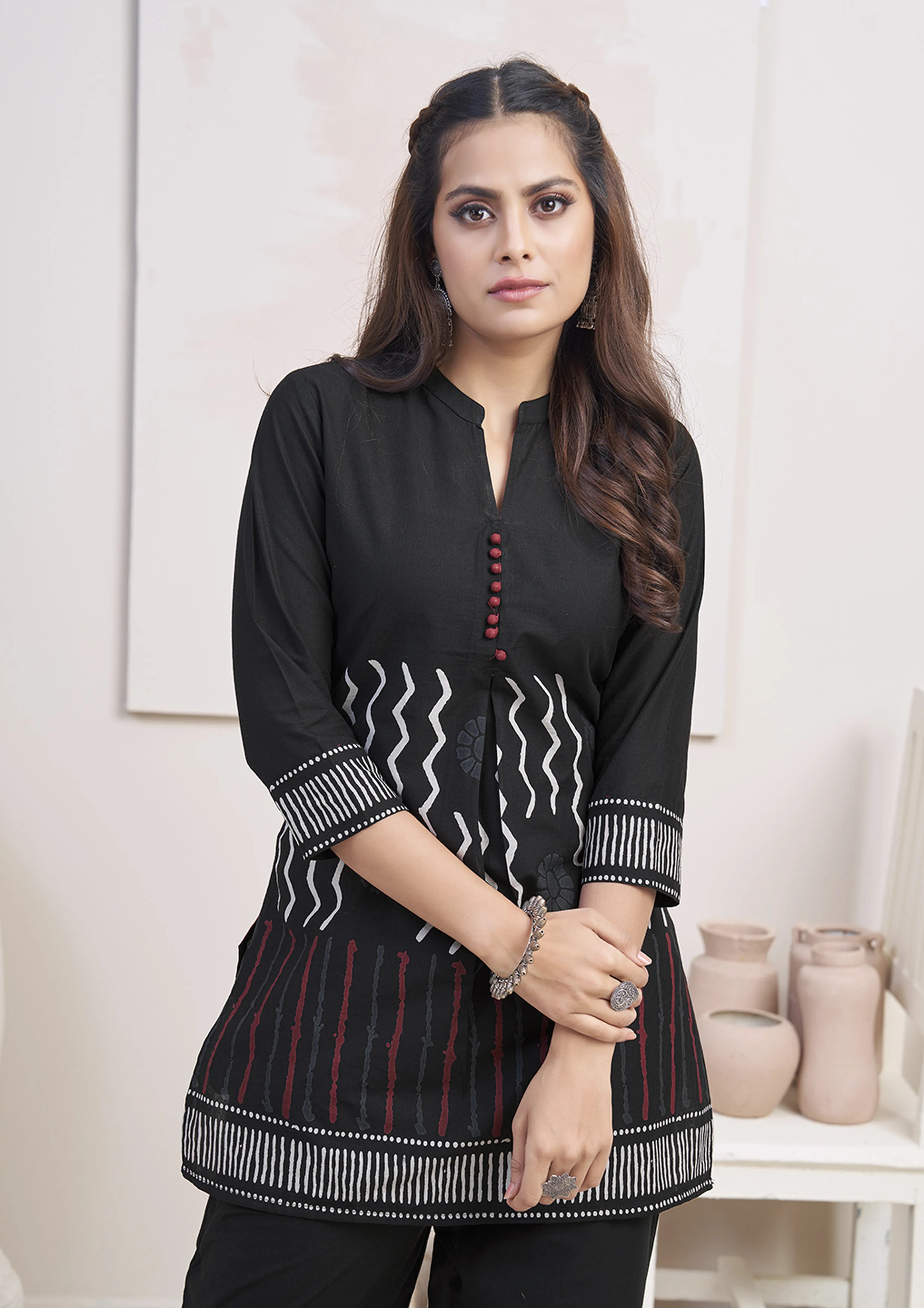 Black Zigzag & Line Printed Co-ord Set in Cotton