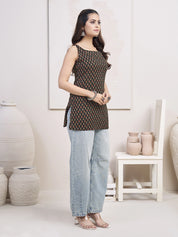 Black Base & Red Motif Block Printed Sleeveless Short Kurti in Cotton