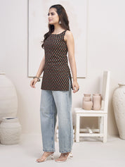 Black Base & Red Motif Block Printed Sleeveless Short Kurti in Cotton
