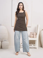 Black Base & Red Motif Block Printed Sleeveless Short Kurti in Cotton