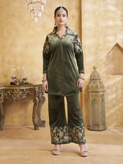 Zari Embroidered Velvet Co-ord Set in Fern Green