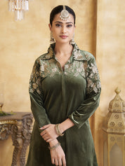 Zari Embroidered Velvet Co-ord Set in Fern Green