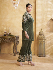 Zari Embroidered Velvet Co-ord Set in Fern Green