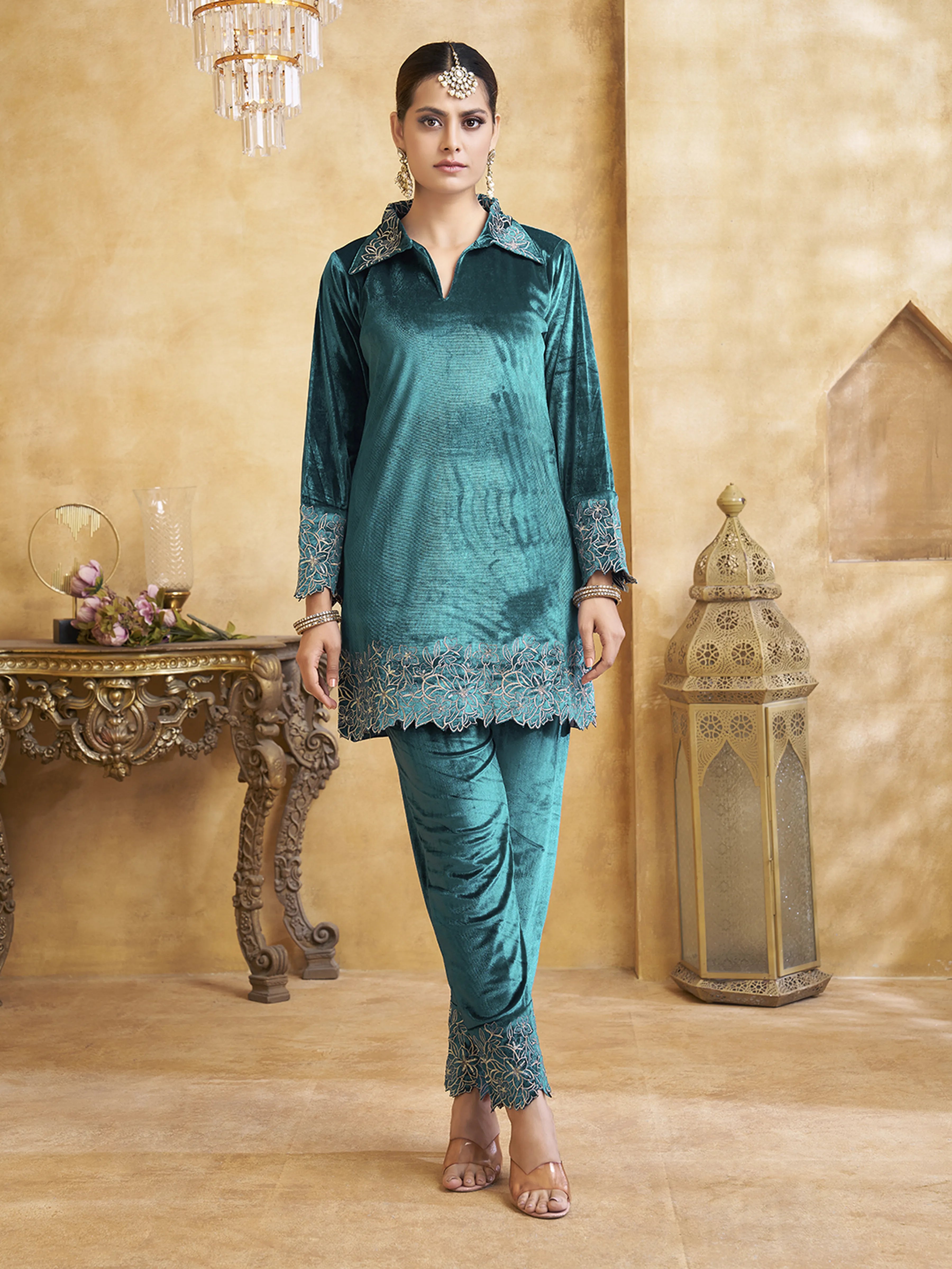 Velvet Scallop Embroidered Co-ord Set in Teal Blue