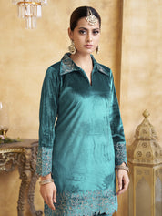 Velvet Scallop Embroidered Co-ord Set in Teal Blue