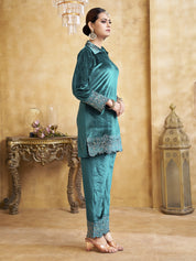 Velvet Scallop Embroidered Co-ord Set in Teal Blue