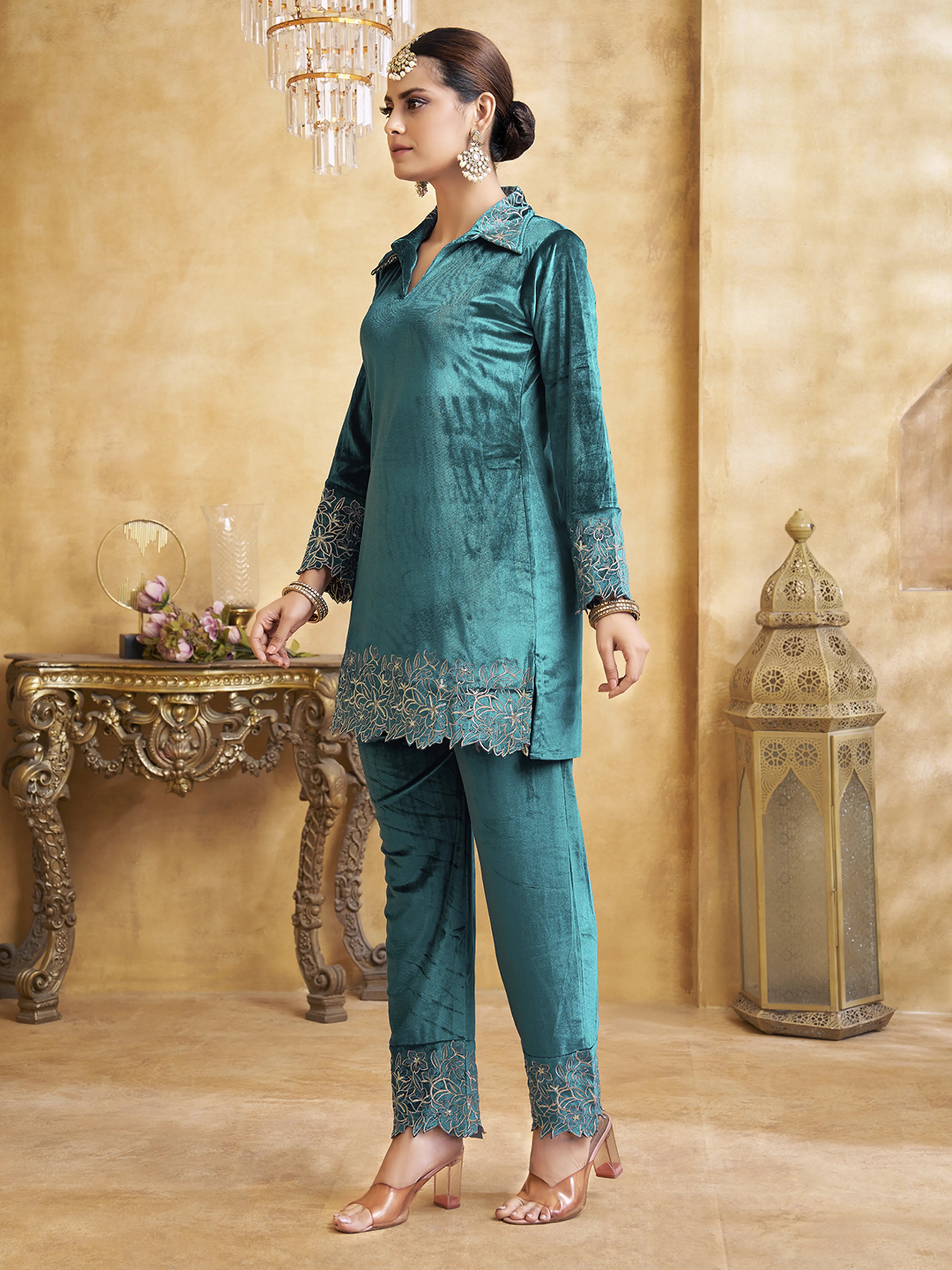 Velvet Scallop Embroidered Co-ord Set in Teal Blue