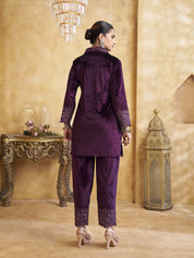 Velvet Scallop Embroidered Co-ord Set in Purple