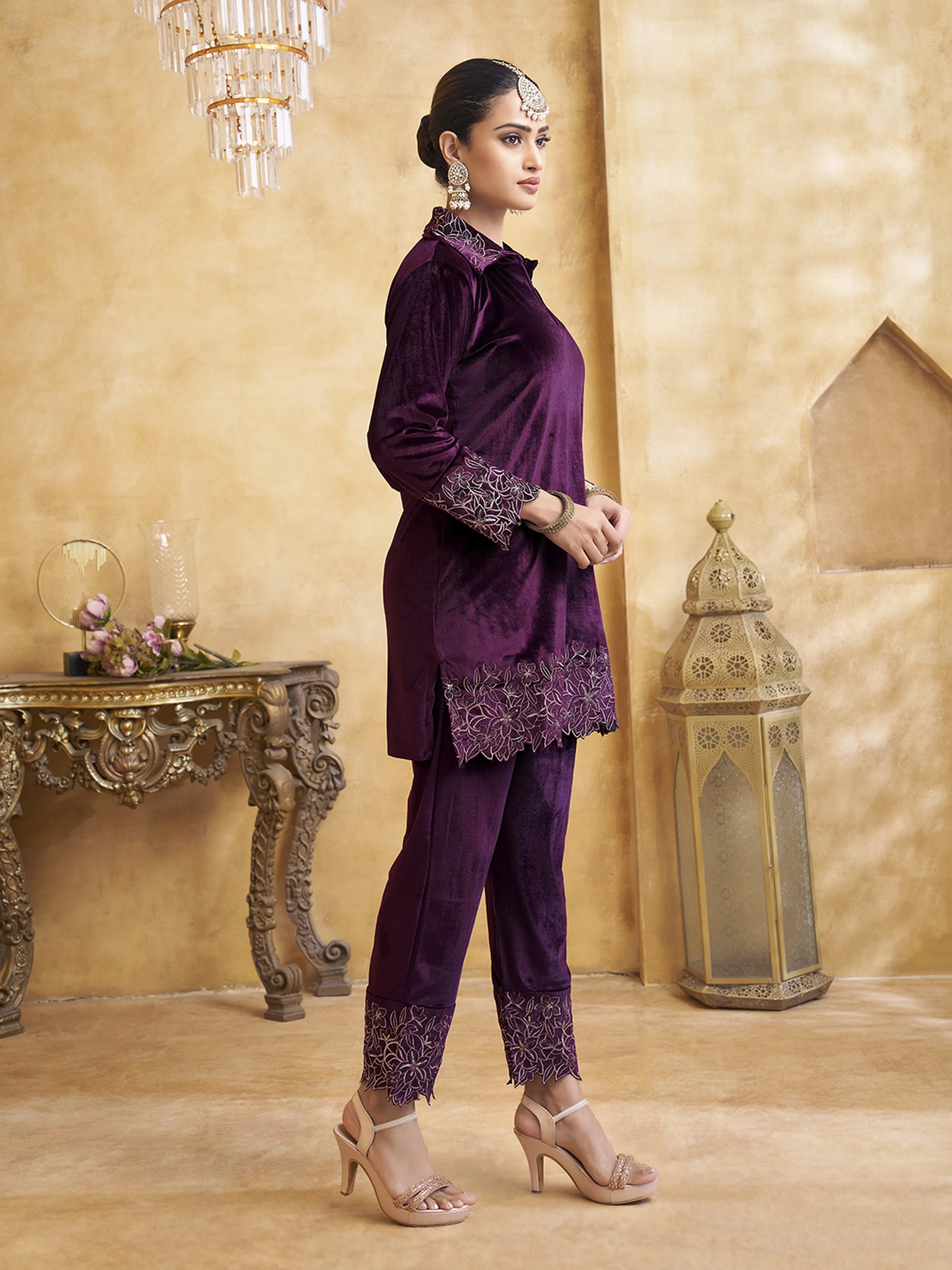 Velvet Scallop Embroidered Co-ord Set in Purple