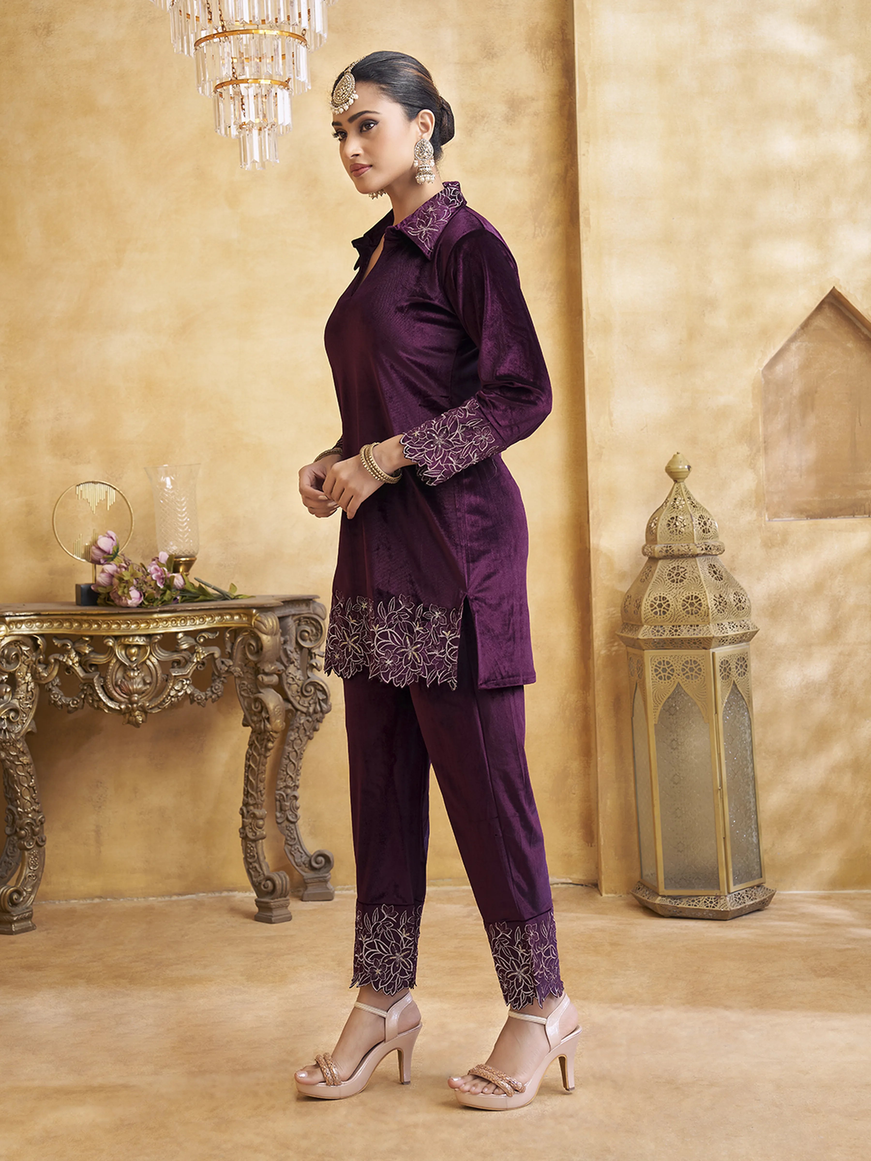 Velvet Scallop Embroidered Co-ord Set in Purple