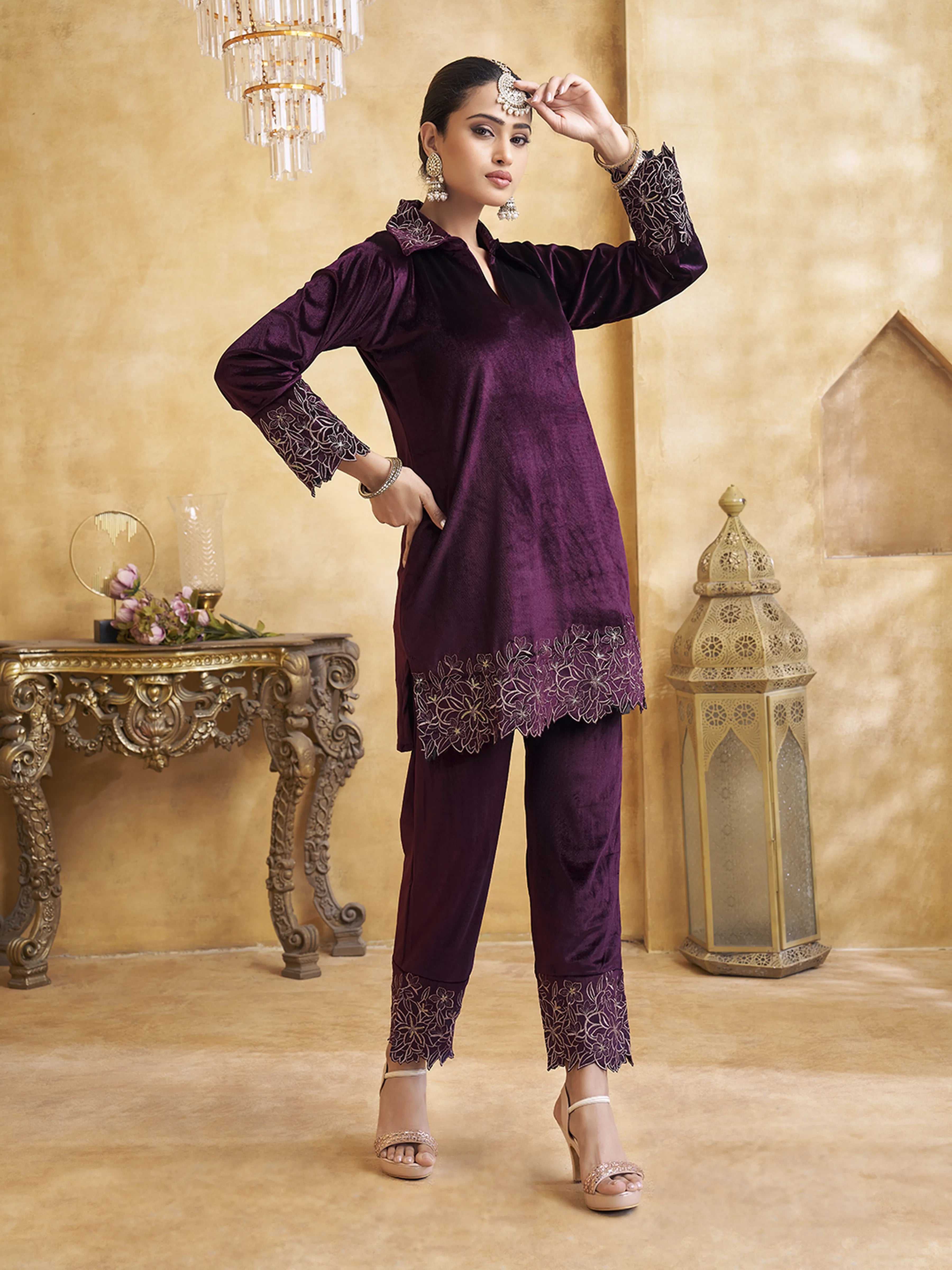 Velvet Scallop Embroidered Co-ord Set in Purple