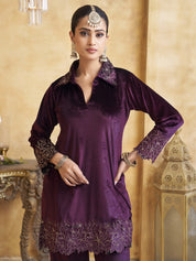 Velvet Scallop Embroidered Co-ord Set in Purple