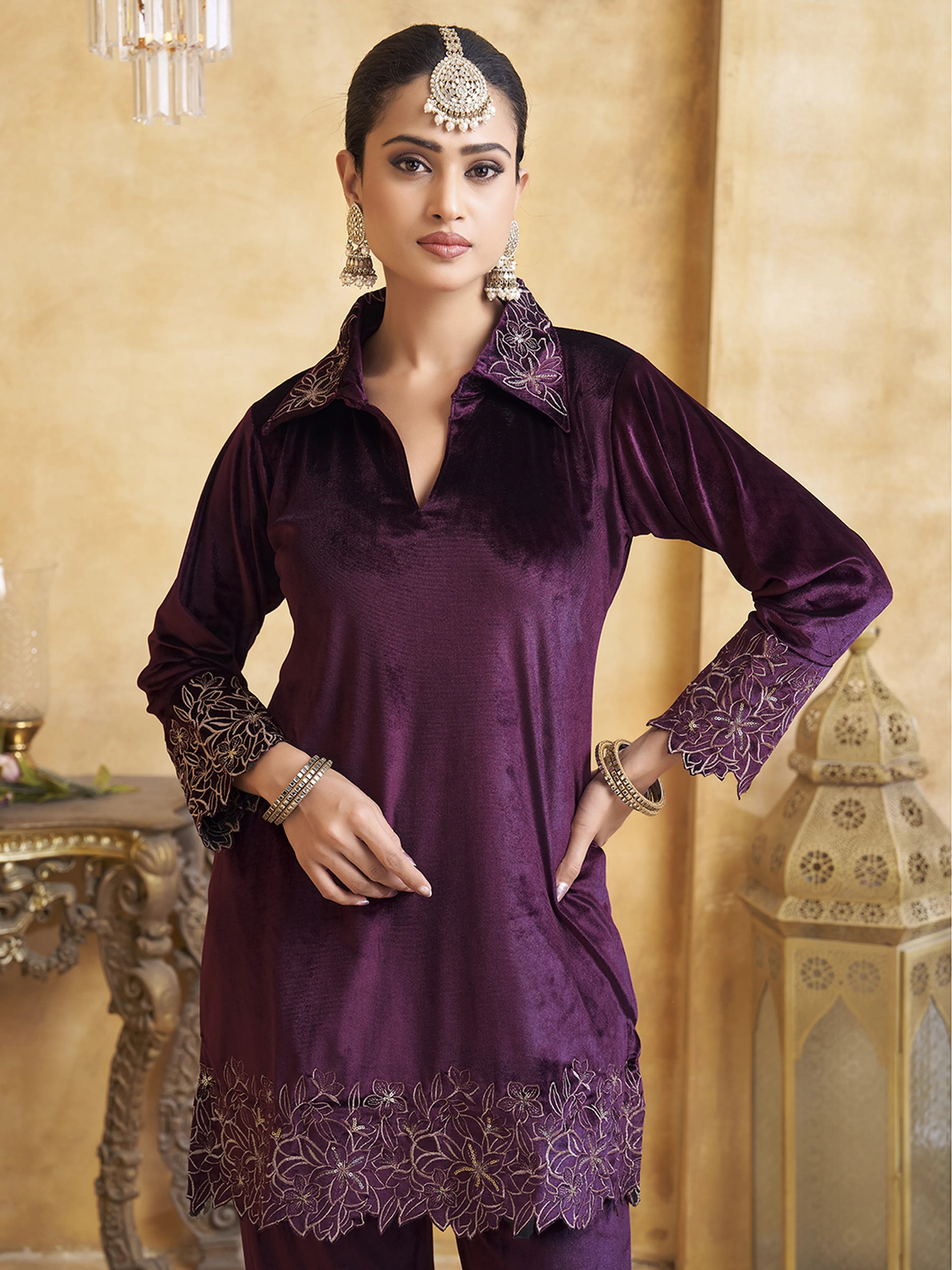 Velvet Scallop Embroidered Co-ord Set in Purple