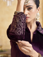 Velvet Scallop Embroidered Co-ord Set in Purple