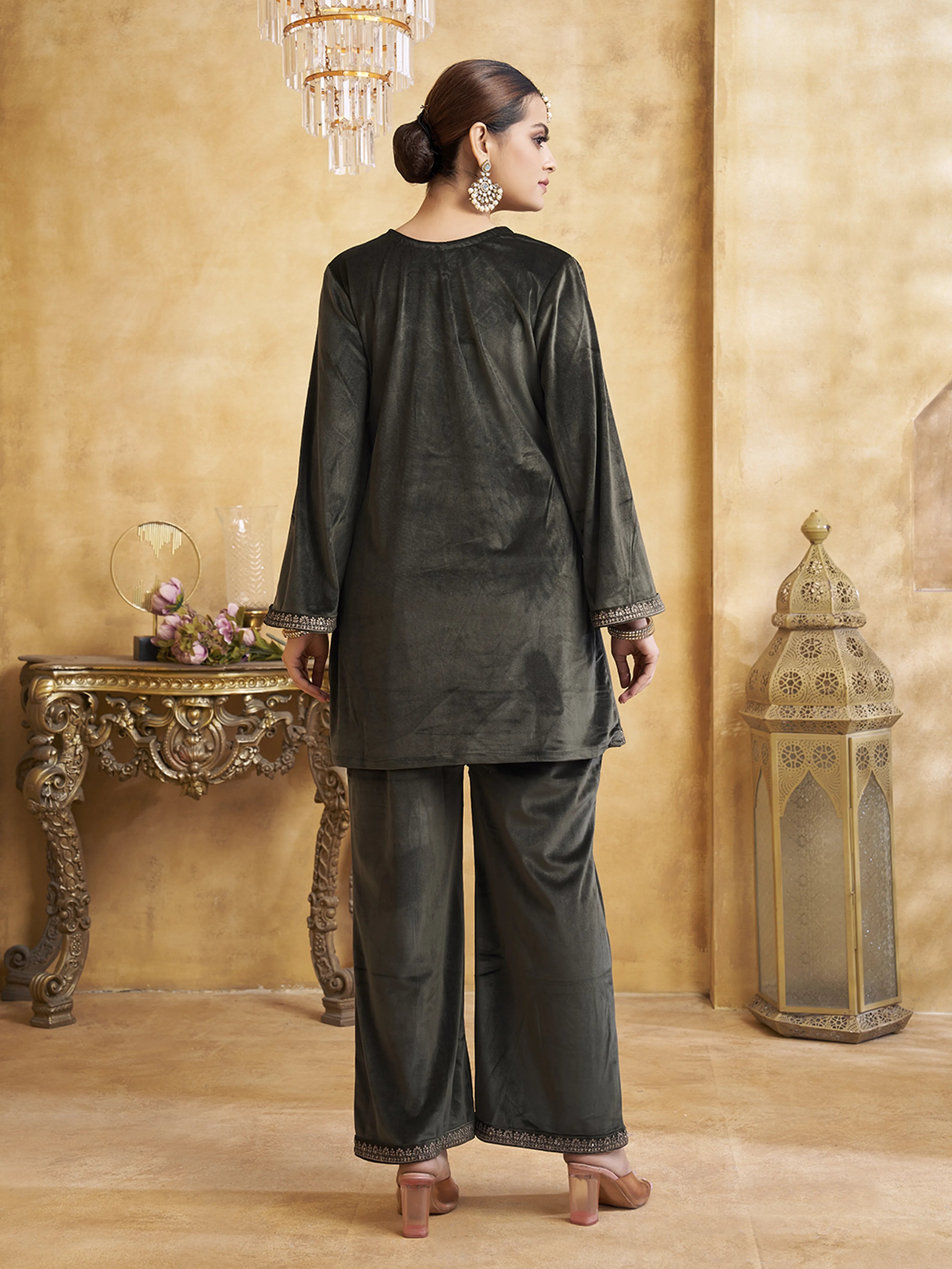 Velvet Zari Embroidered Co-ord Set in Dark Fern Green