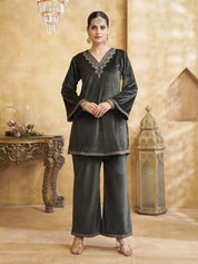 Velvet Zari Embroidered Co-ord Set in Dark Fern Green