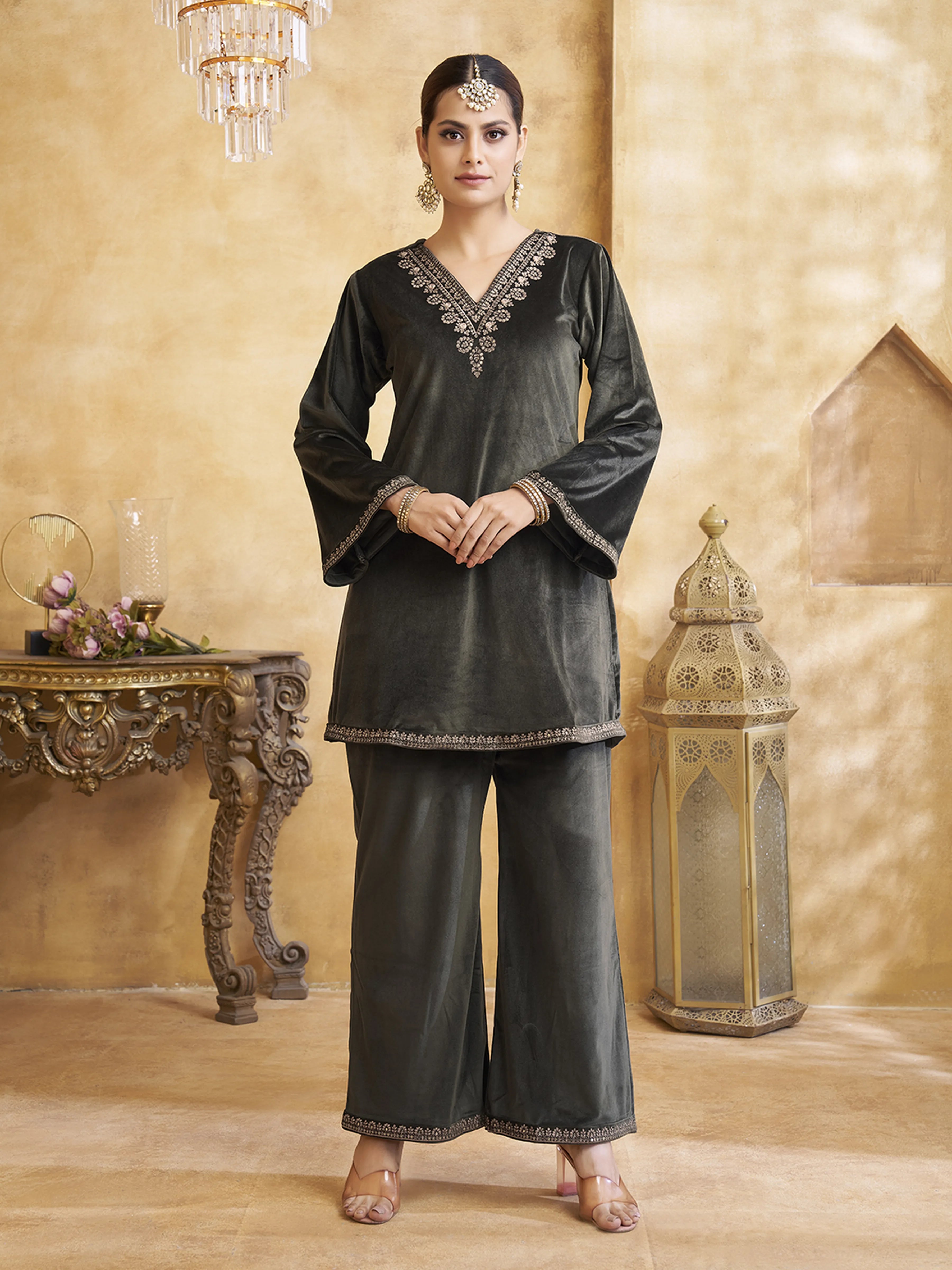 Velvet Zari Embroidered Co-ord Set in Dark Fern Green