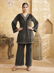Velvet Zari Embroidered Co-ord Set in Dark Fern Green