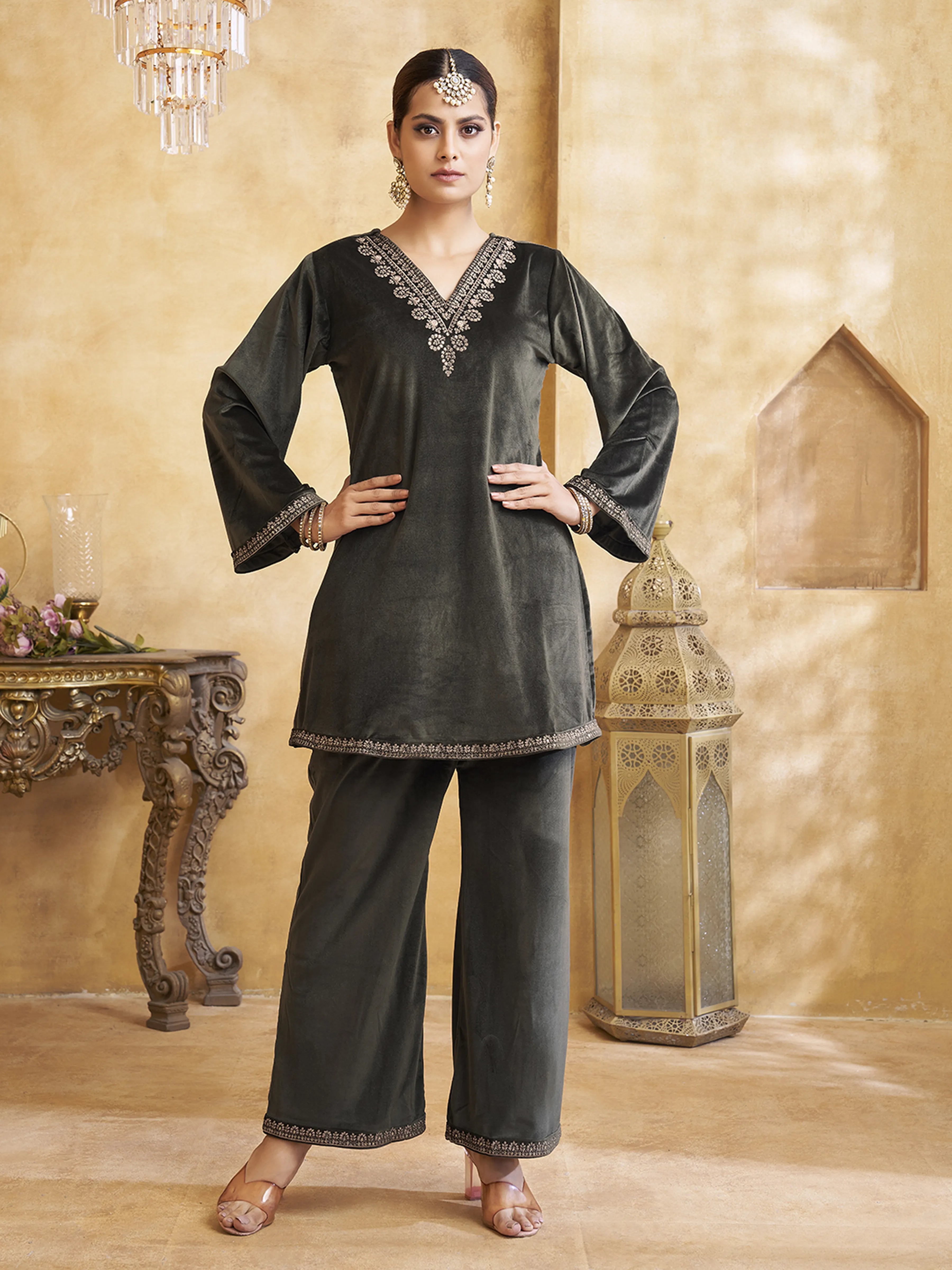 Velvet Zari Embroidered Co-ord Set in Dark Fern Green