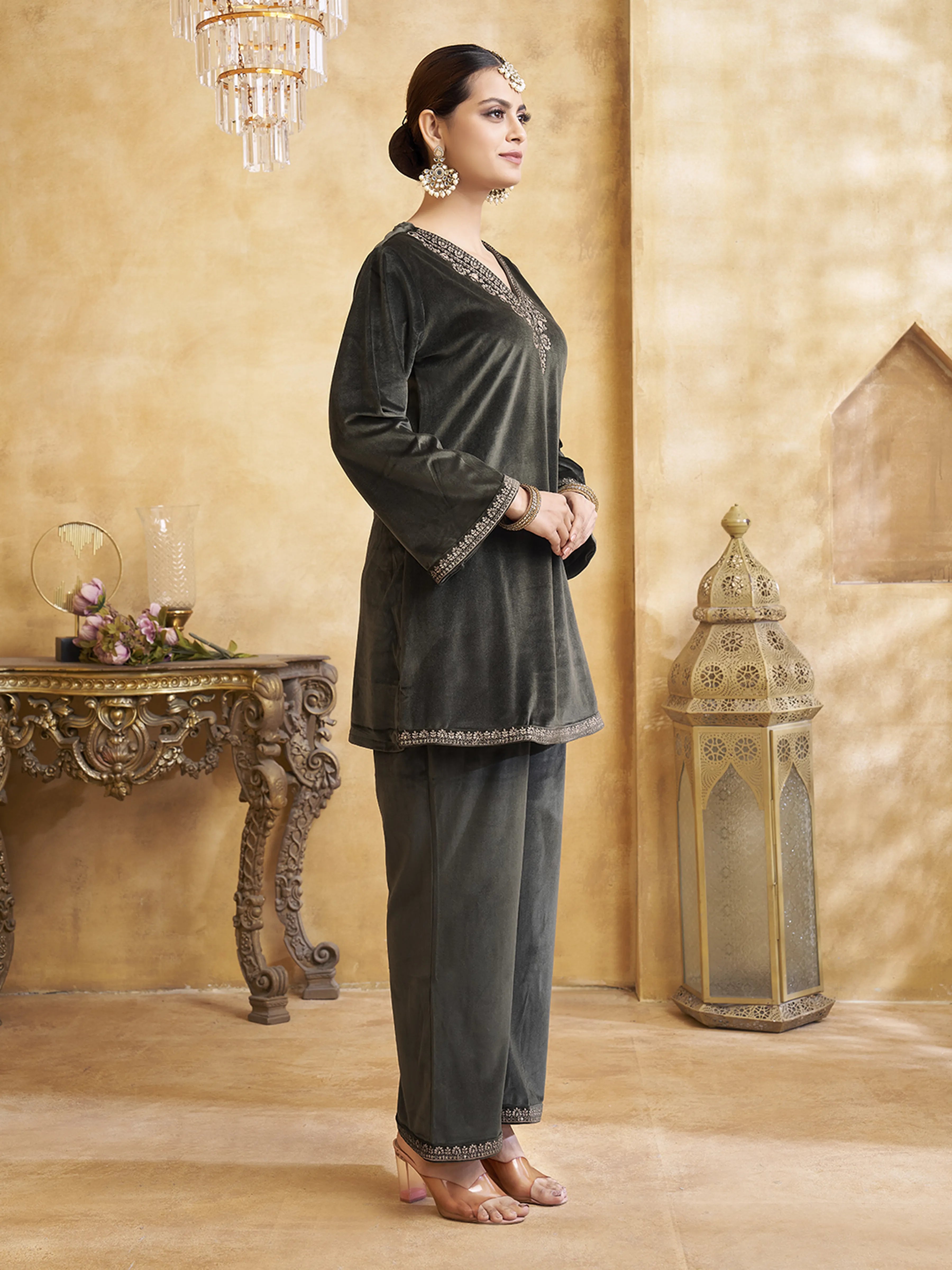 Velvet Zari Embroidered Co-ord Set in Dark Fern Green