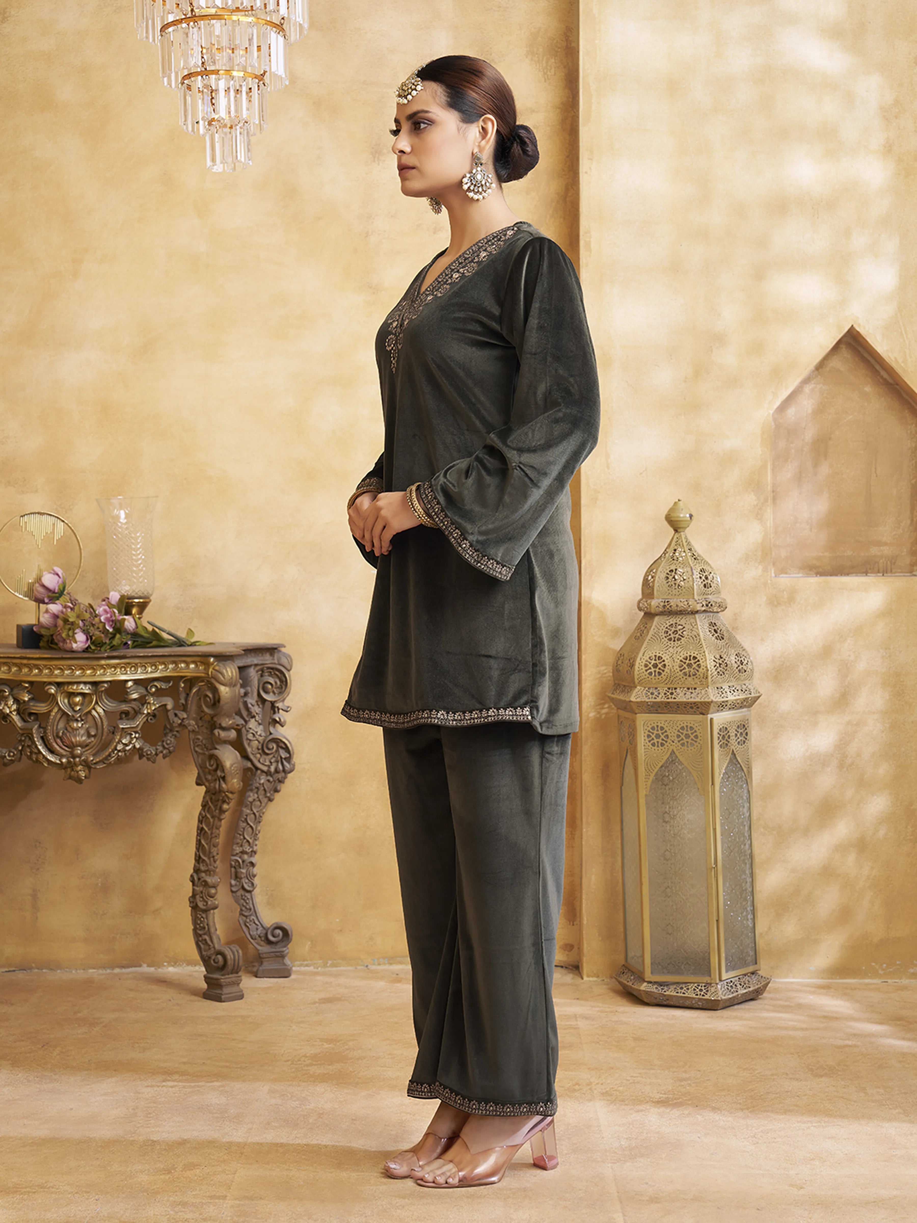 Velvet Zari Embroidered Co-ord Set in Dark Fern Green