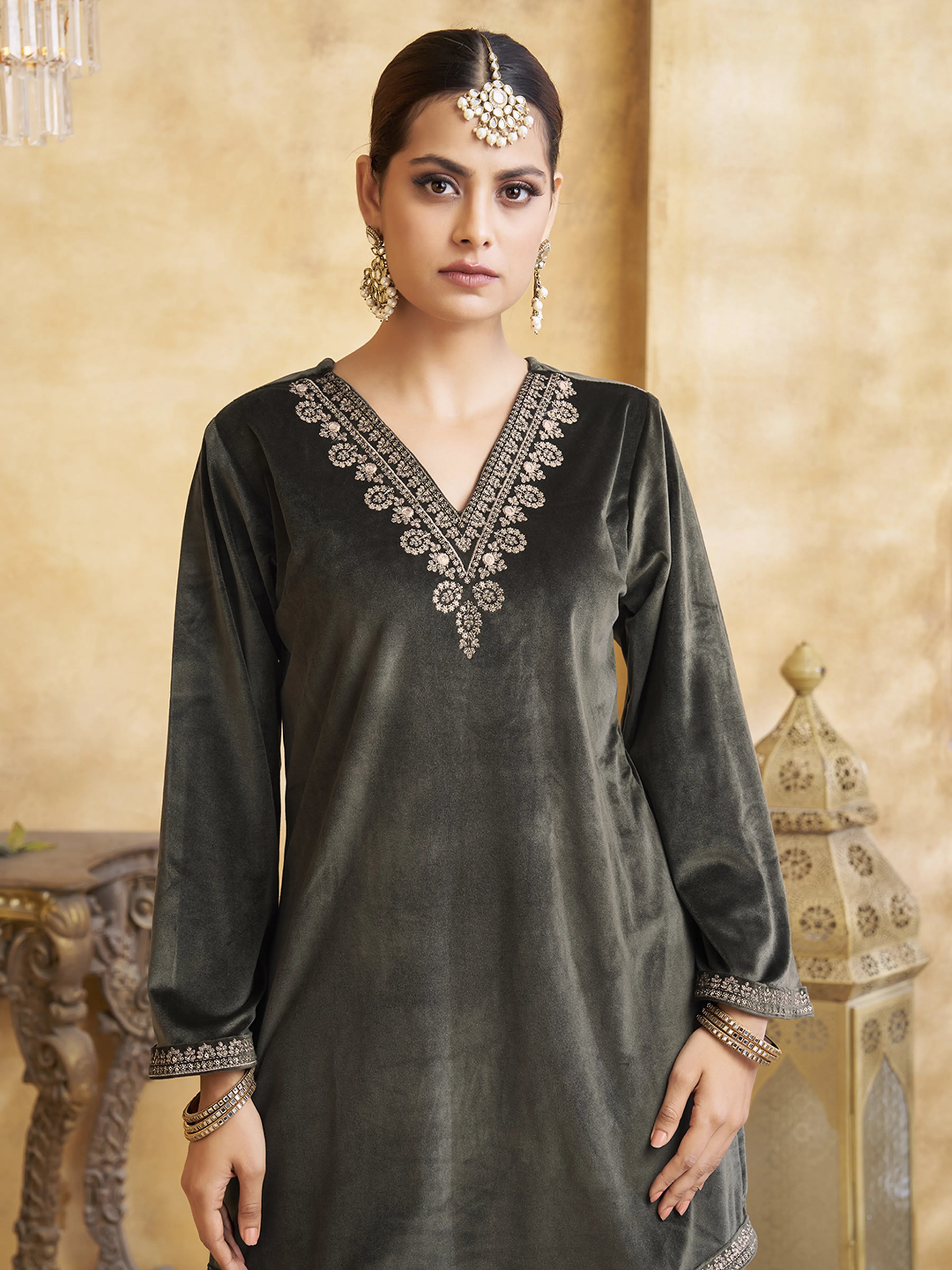 Velvet Zari Embroidered Co-ord Set in Dark Fern Green