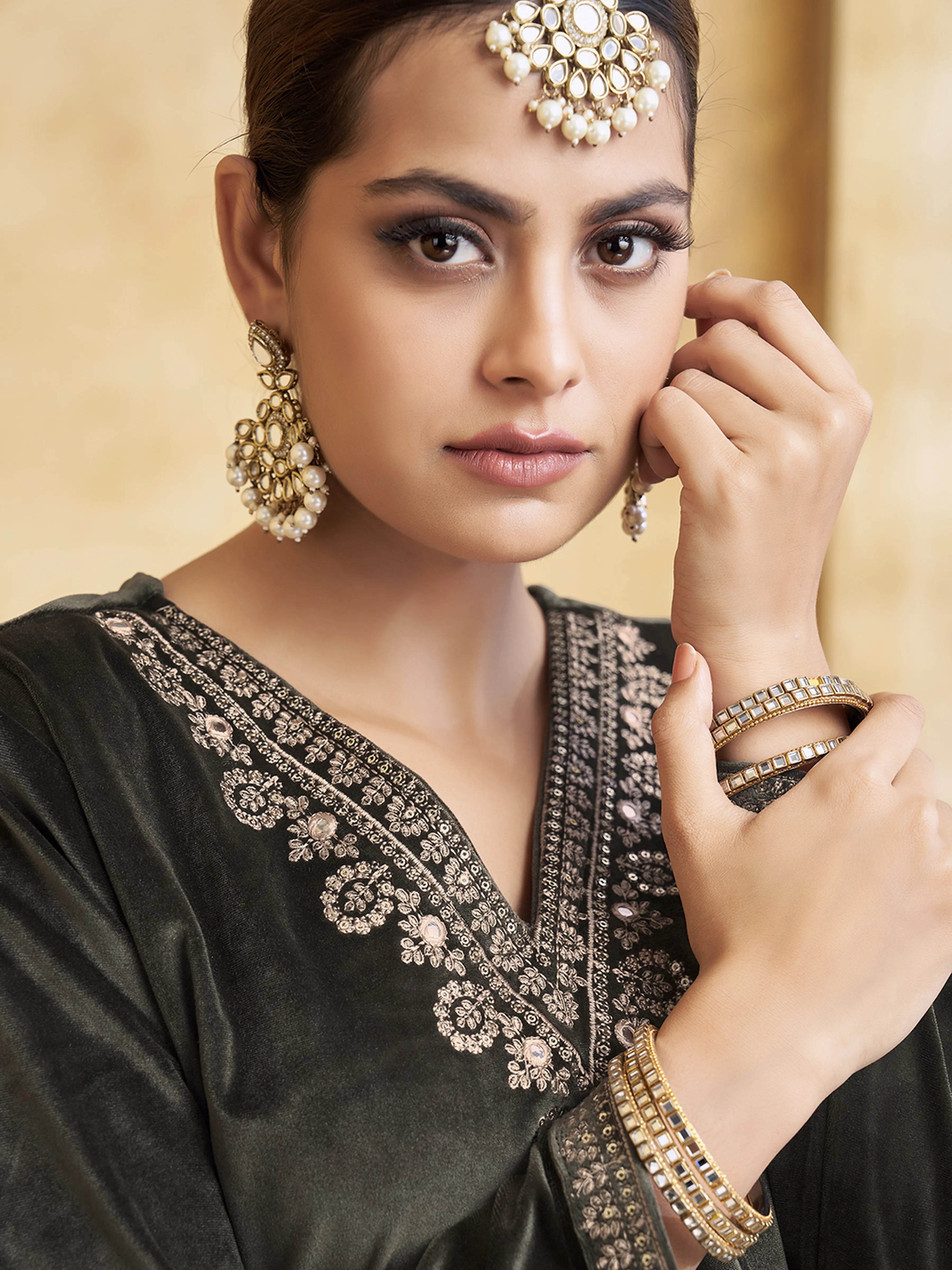 Velvet Zari Embroidered Co-ord Set in Dark Fern Green