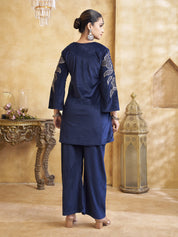 Velvet Floral Embroidered Co-ord Set in Navy Blue