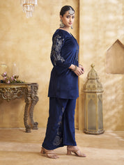Velvet Floral Embroidered Co-ord Set in Navy Blue