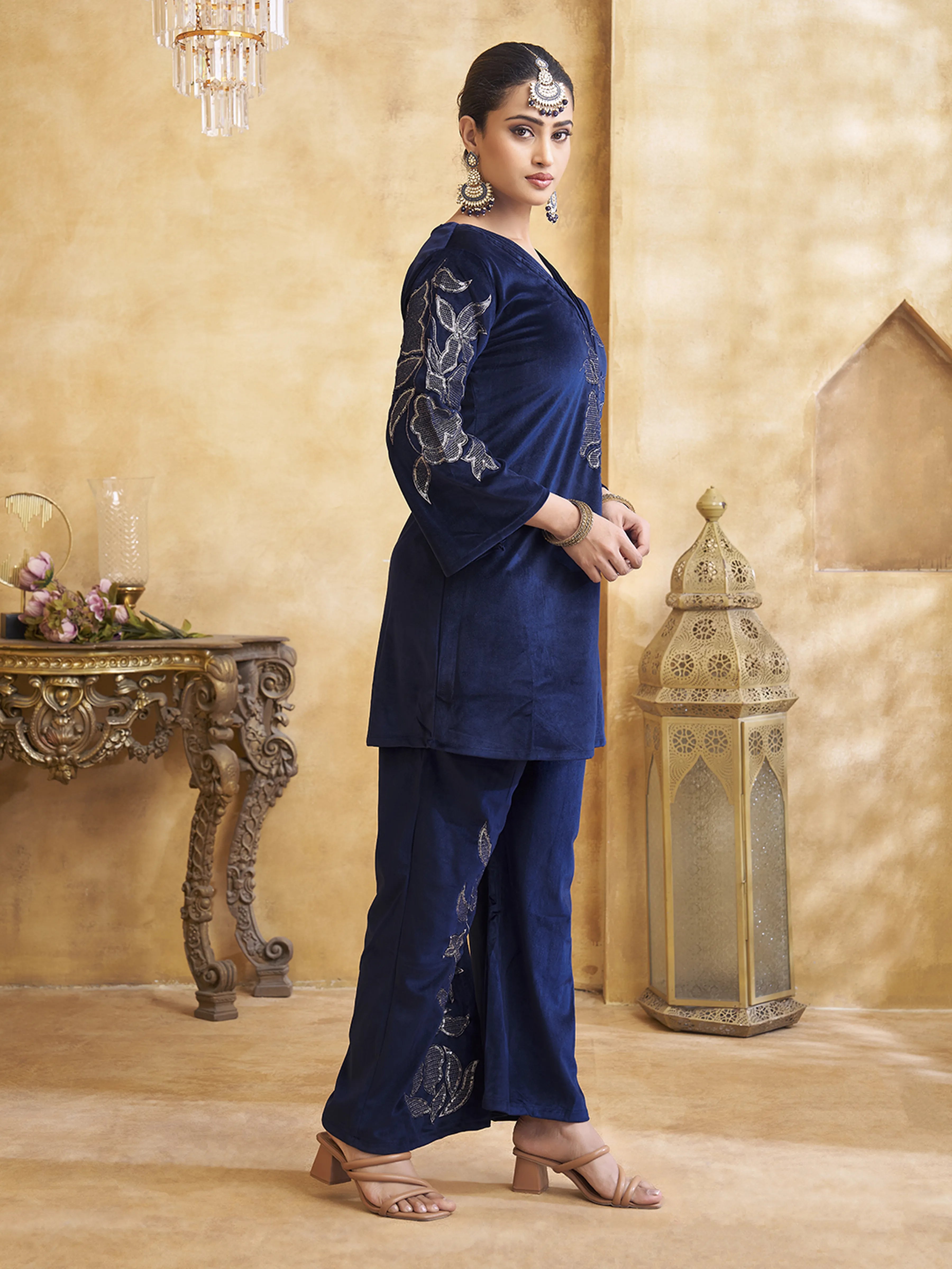 Velvet Floral Embroidered Co-ord Set in Navy Blue