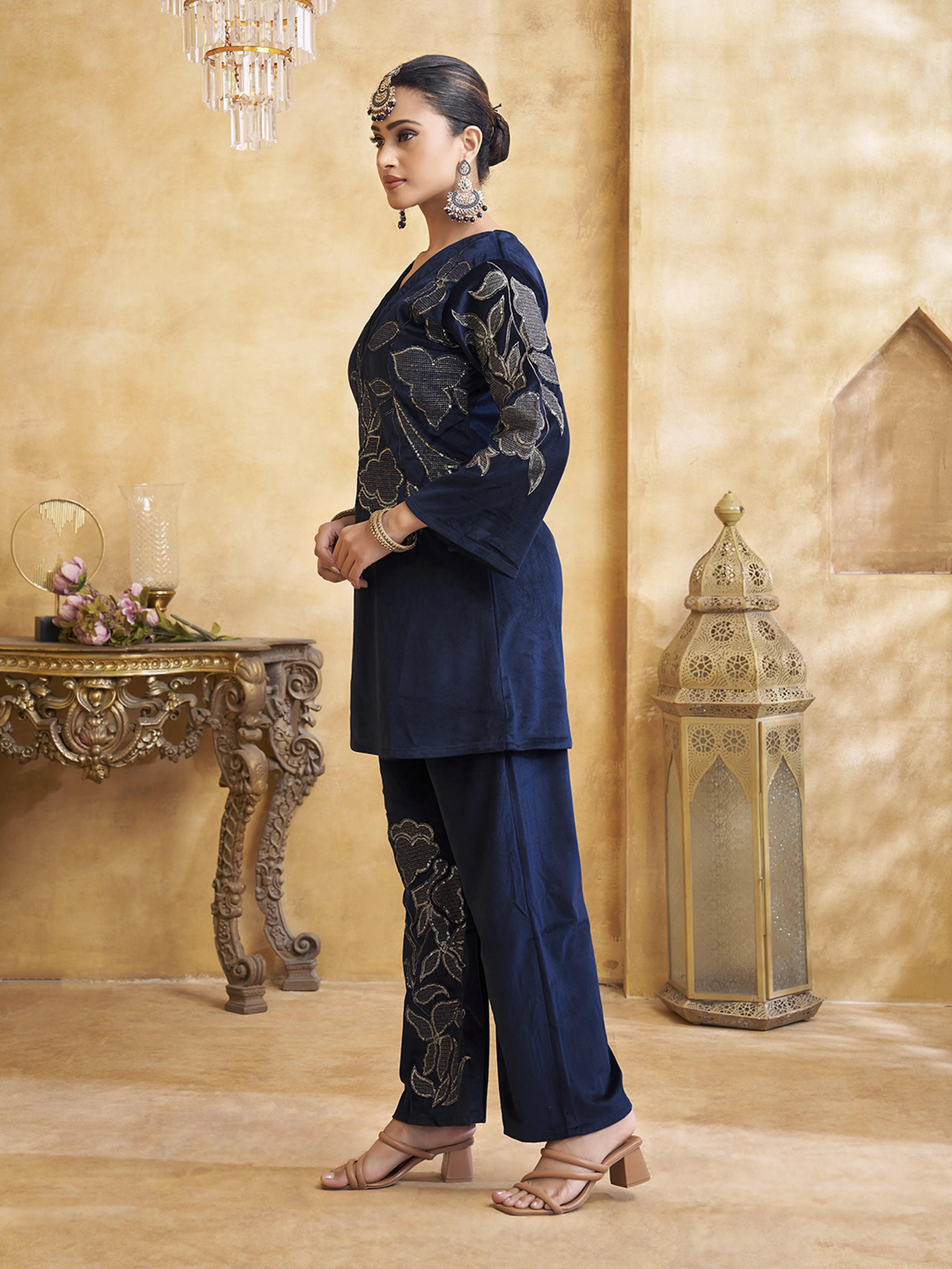 Velvet Floral Embroidered Co-ord Set in Navy Blue