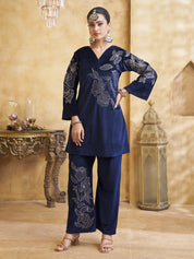 Velvet Floral Embroidered Co-ord Set in Navy Blue
