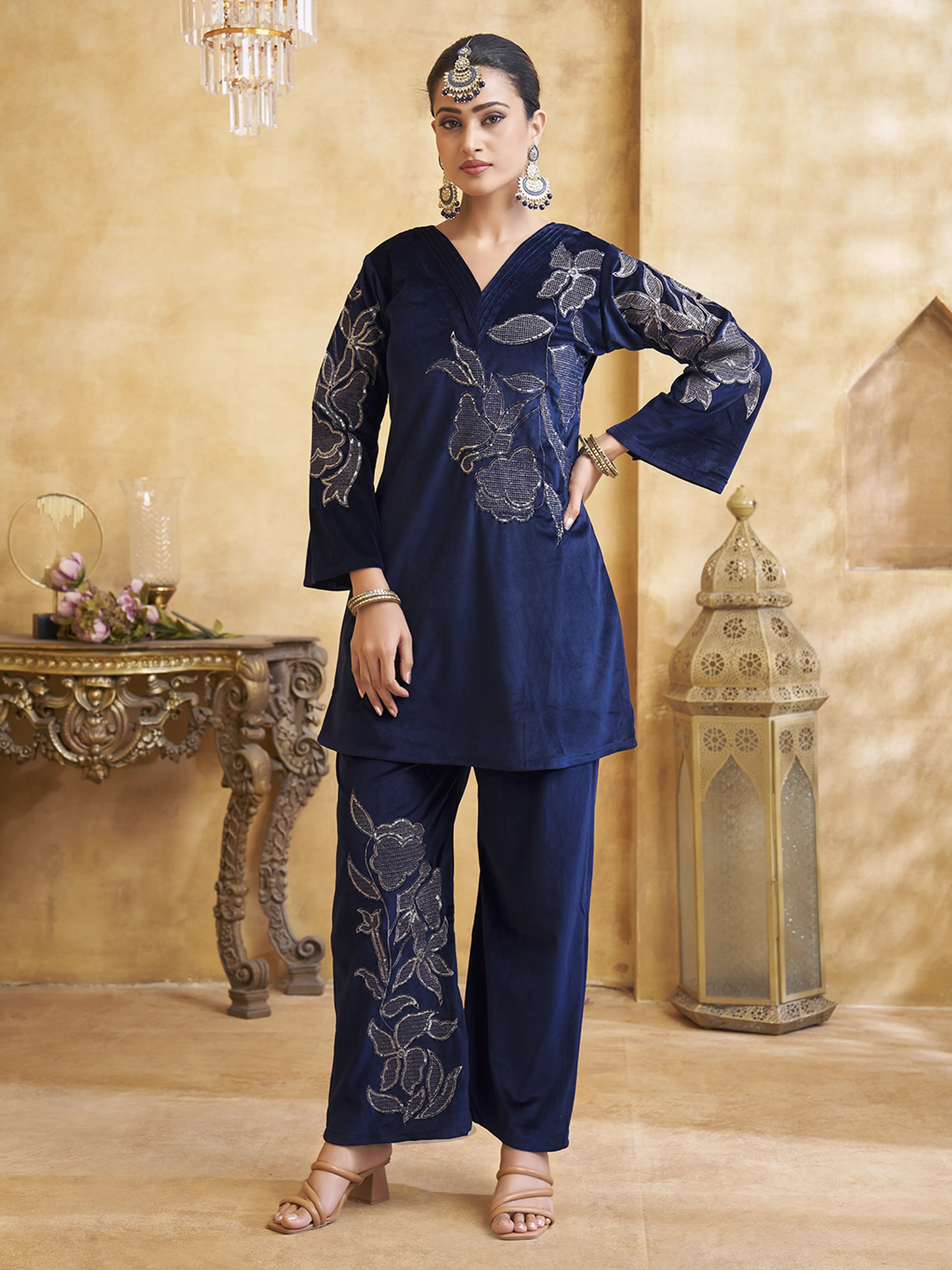 Velvet Floral Embroidered Co-ord Set in Navy Blue