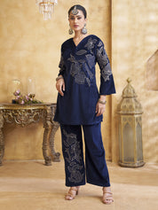 Velvet Floral Embroidered Co-ord Set in Navy Blue