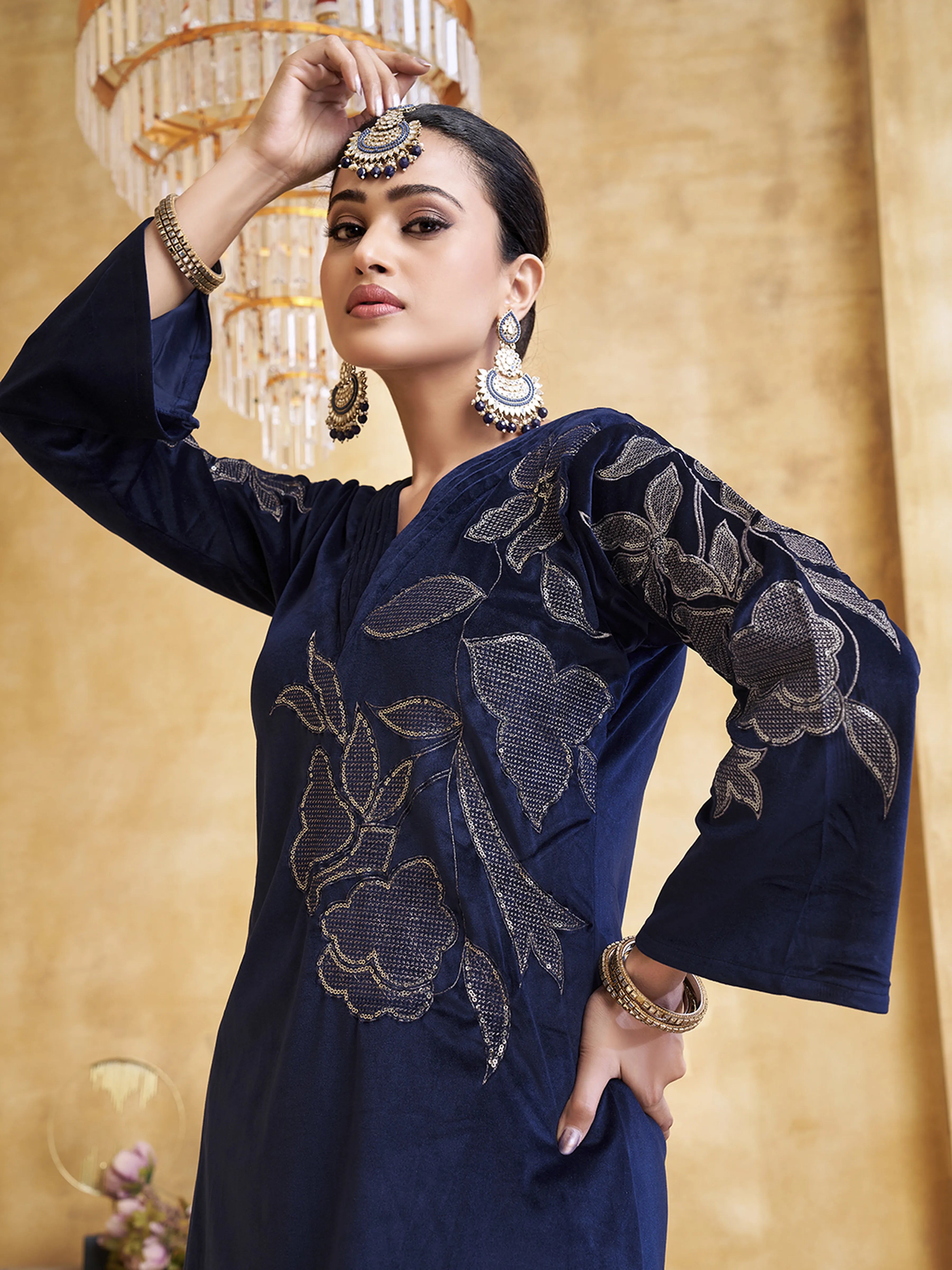 Velvet Floral Embroidered Co-ord Set in Navy Blue