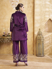 Zari Embroidered Velvet Co-ord Set in Deep Purple