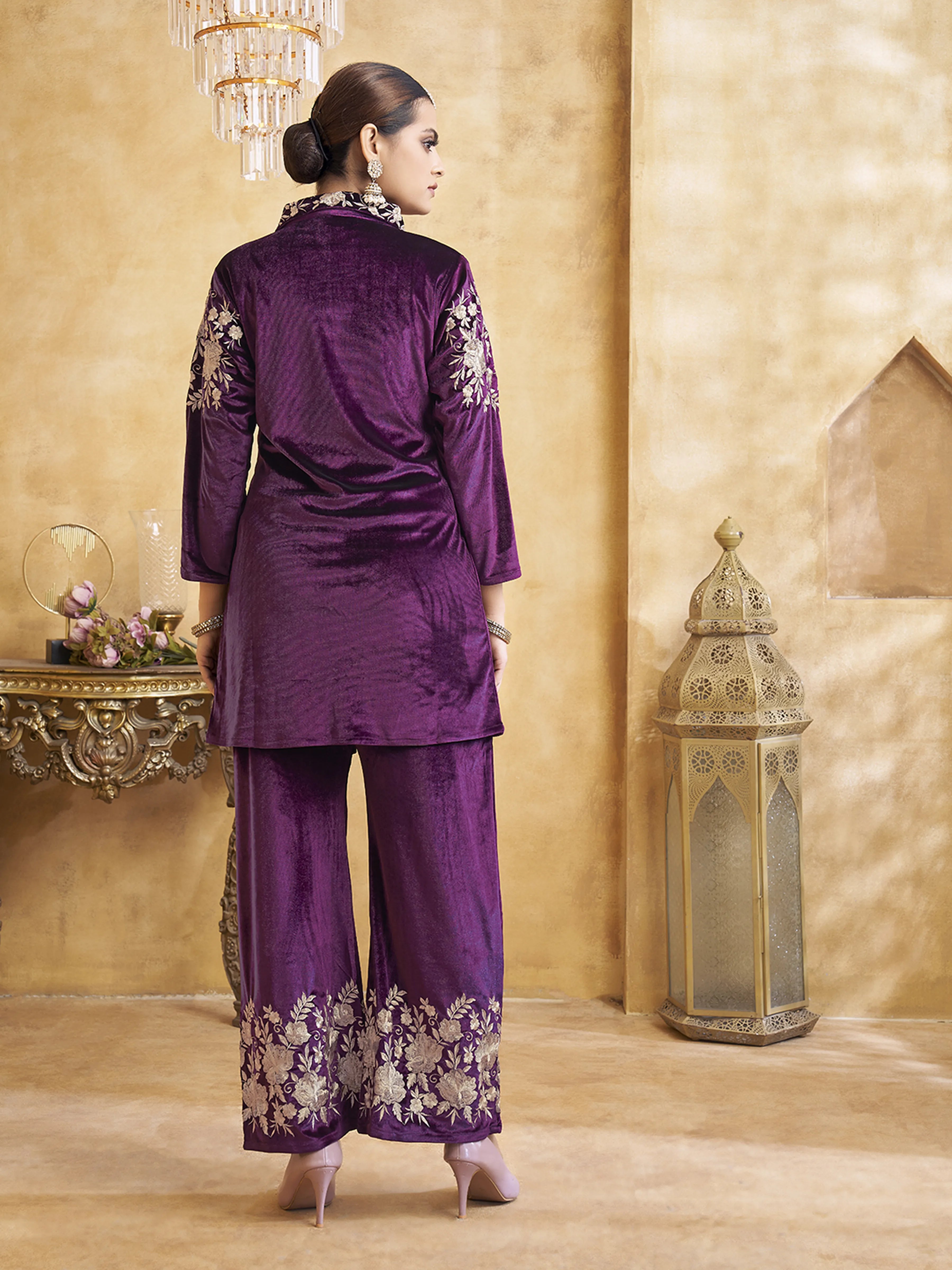 Zari Embroidered Velvet Co-ord Set in Deep Purple