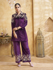 Zari Embroidered Velvet Co-ord Set in Deep Purple