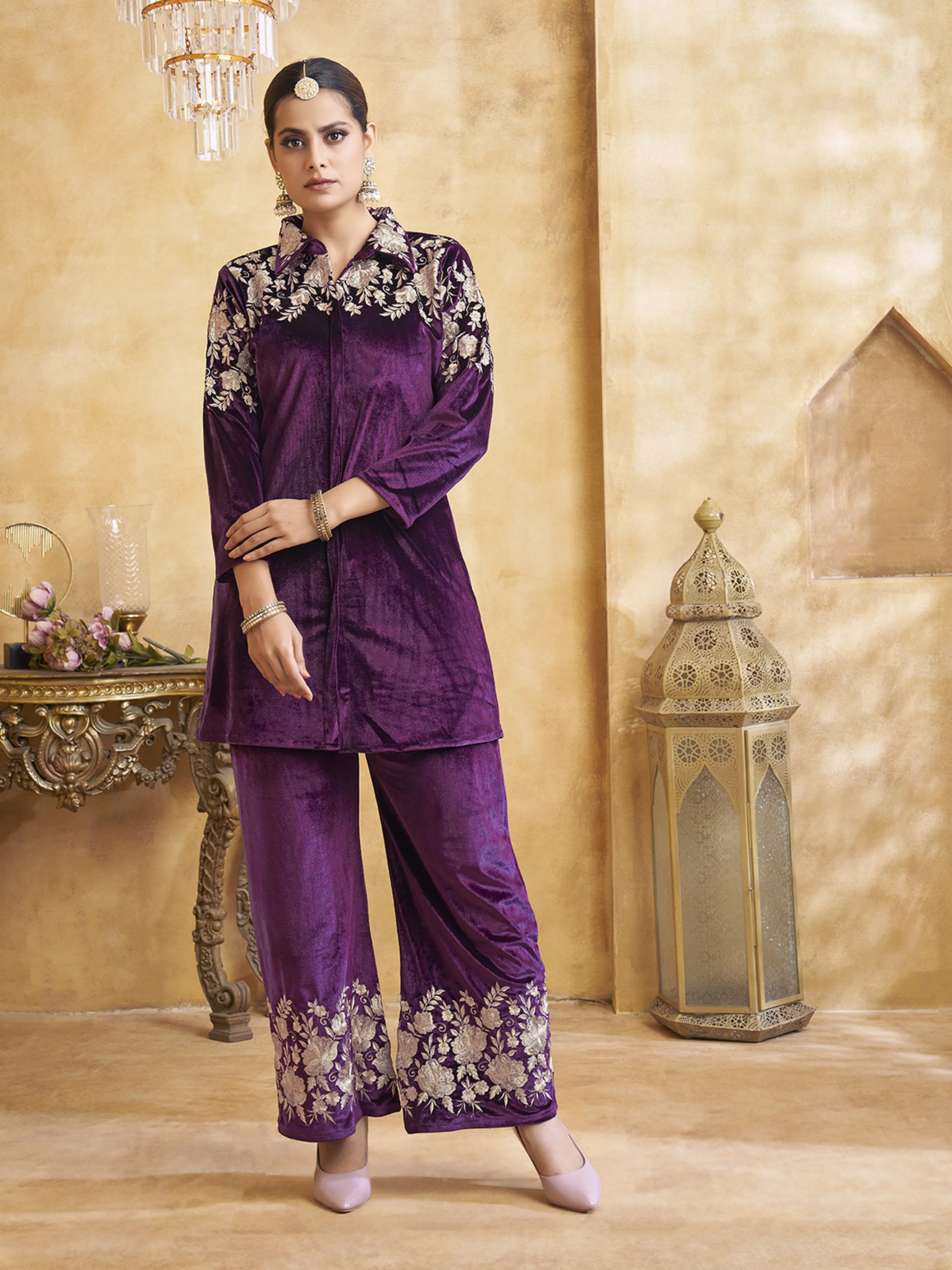 Zari Embroidered Velvet Co-ord Set in Deep Purple