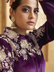 Zari Embroidered Velvet Co-ord Set in Deep Purple